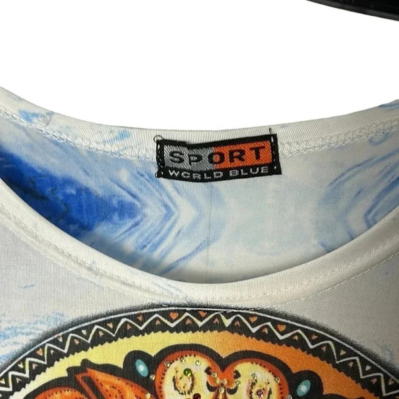 Vtg Y2K SPORT  WORLD BLUE tunic,women one size,blue,shirred,beads,boho,coastal - Picture 4 of 10